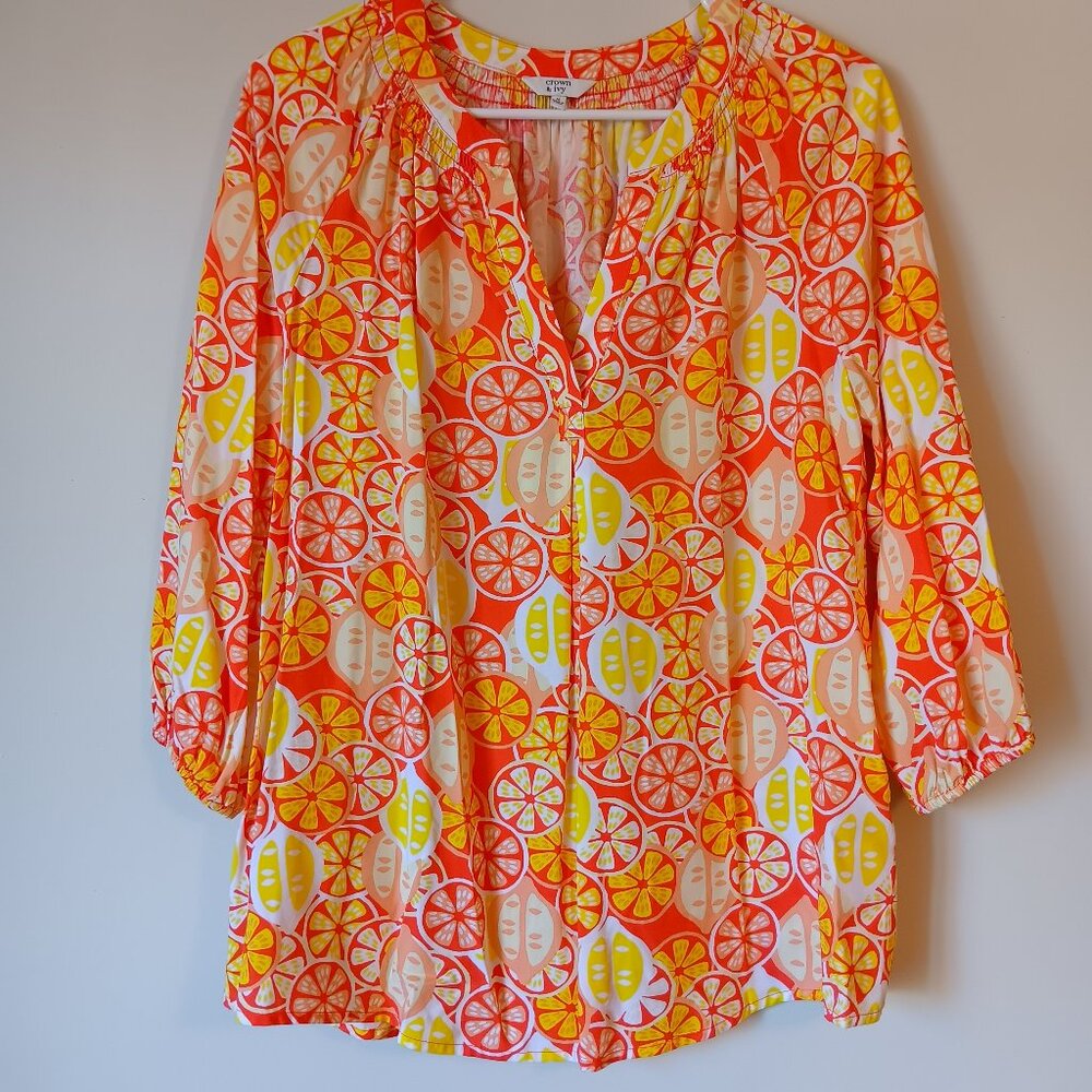 crown & ivy Citrus Print Blouse - Orange, Yellow, White